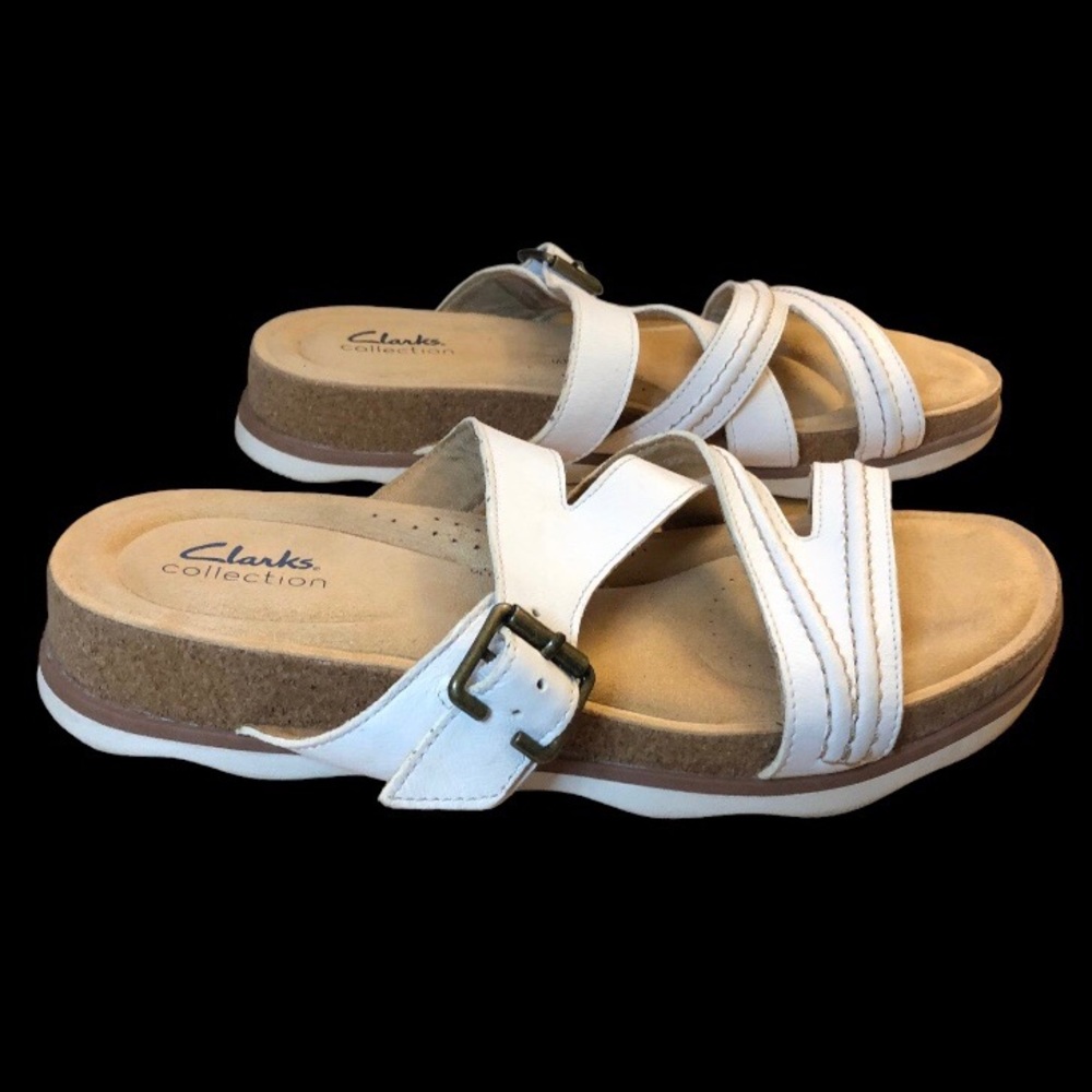 CLARKS 10 M White Leather Collection Brynn Hope Flat Sandal Buckle Comfort Foam